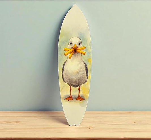 JennyGems Funny Seagull Surfboard Wall Art – Coastal Beach Decor, Seagull with Fries, Outdoor PVC Surfboard Sign (3 Foot)