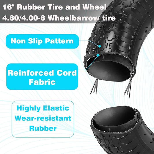 16” Pneumatic Wheelbarrow Tires 4.80/4.00-8" Tire and Wheel with 5/8" 3/4" Bearings 3-7” Centered Hub for Wheelbarrows Garden Trailer Garden Carts Wagon