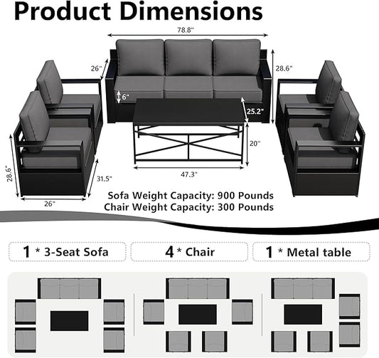 Outdoor Patio Furniture Set, 6-Piece Aluminum Patio Conversation Set All-Weather Metal Outdoor Sectional with 6 Inch Thick Cushions, Deep Setting for Garden, Outside and Porch