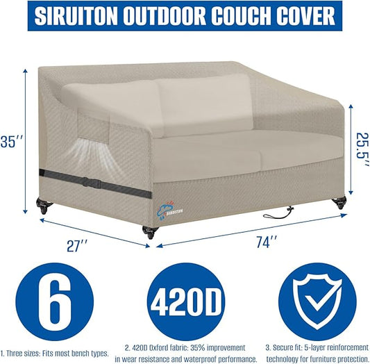 SIRUITON 4-Seat Garden Patio Sofa/Loveseat/Bench Cover 73" W x 27" D x 35" H,Heavy Duty 420D Oxford Waterproof Outdoor Sofa Cover, Lawn Patio Furniture Covers