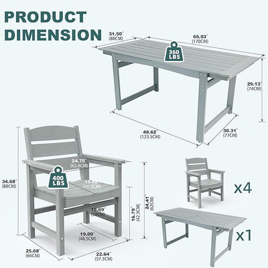 5-Piece HIPS Patio Dining Set, Outdoor Dining Table and Chairs Set with Umbrella Hole, Weatherproof Dining Table Set for 4 Person, Patio Furniture Set for Outside Deck, Grey