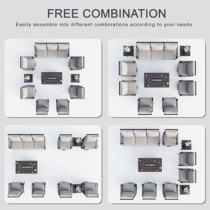 10 Pieces Outdoor Patio Conversation Sets with All Weather Cushions, Metal 3-Seater, 4 Swivel Rockers, 2 Single Chairs, 2 Side Tables, 1 Fire Pit Table for Backyard Deck Porch Poolside, Beige