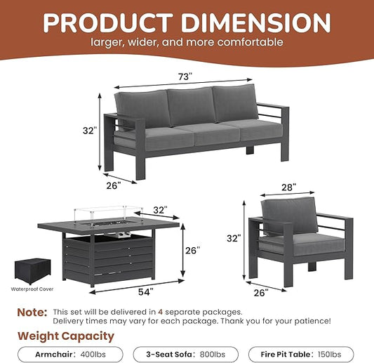 Solaste Aluminum Patio Furniture Set with Fire Pit Table, 4 Piece Metal Outdoor Furniture with Water-Resistant Cushions, Modern Patio Conversation Set for Balcony, Front Porch, and Backyard, Grey