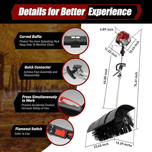 Gas Handheld Sweeper, 52CC 2 Stroke 2.3hp Engine Power Snow Sweeping Grass Handheld Sweeper Power Broom Portable Gas Power Walk Behind Sweeper for Sweeping Driveway Grass Patio Snow Clean