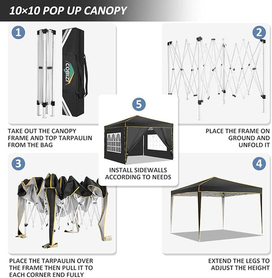 COBIZI 10x10 Pop Up Canopy with 4 Sidewalls and 4 Sandbags UV Protection 50+ Camping Commercial Wedding Portable Tent for Backyard, Black