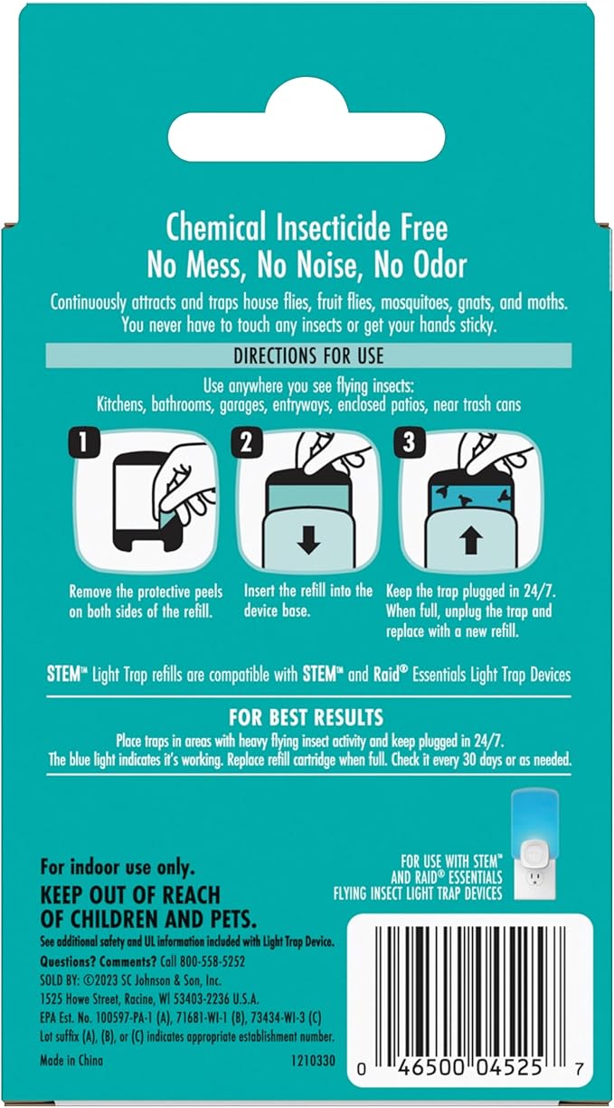 STEM Light Trap Refill Cartridges, Indoor Fruit Fly Trap, Effective Insect Control for Home, Attracts and Traps Flying Insects, Compatible With STEM Light Trap, 2 Count