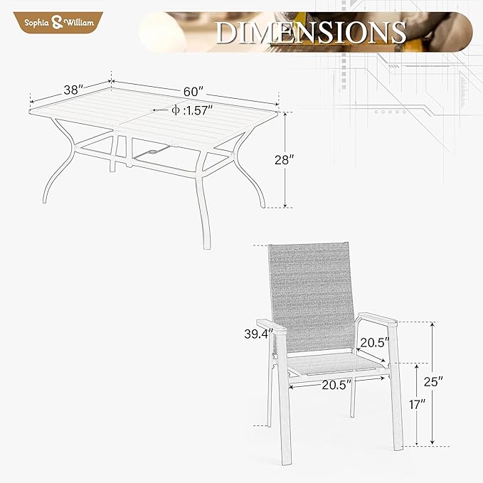 Sophia & William Patio Table and Chairs Set 7 Pieces, 6 Aluminium Patio Dining Chairs with 60" x 38" Metal Dining Table, Stackable and Easy to Move for Outdoor Garden Lawn (Grey)