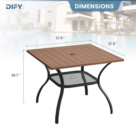 DIFY Outdoor Dining Table, Patio Square Metal Dining Table with 1.57" Umbrella Hole for 4 Person, Ideal for Poolside, Deck, Garden and Balcony, Walnut