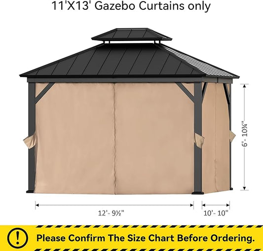 Gazebo Curtain Replacement Universal 4-Panel Sidewalls 11' x 13', Outdoor Gazebo Privacy Curtains with Zipper, Replacement for Outdoor, Patio Canopy, Garden and Backyard (Curtain Only)