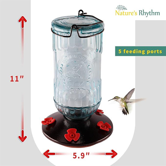 Nature's Rhythm Bird Feeder Vintage Blue Antique Glass Bottle Hummingbird Feeder 5 Feeding Ports and 23-Ounce Nectar CapacityPer Feeder(Blue)