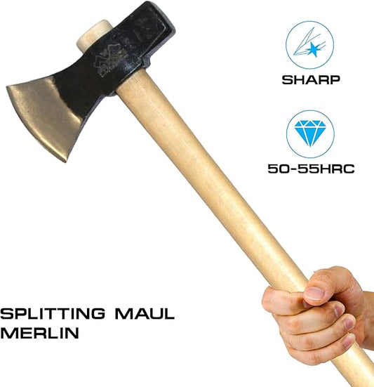 Prandi Axes Merlin C45 Forged Carbon Steel Splitting Maul - Hickory Handle with Leather String - Ideal for Firewood, Splitting, and Chopping - 35.43" L x 8.78" W, 3000g Head 3.014.30.TH - No Sheath
