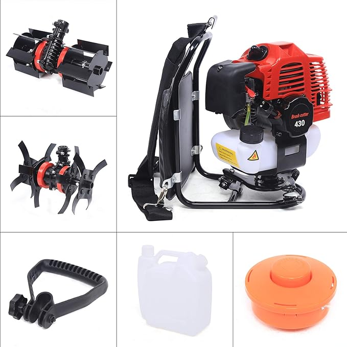 3 in 1 Backpack Brush Cutter Tiller, 43cc 2 Stroke Gas Powered Grass Hedge Trimmer Air-Cooled Single Cylinder Cultivator Lawn Mower for Farmland Weeding, Harvesting, Clearing (Head 1E40F-5)
