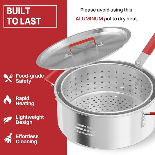 10QT Aluminum Fish Fryer Pot | with Lid & Tong | Deep Fryer with Basket | Indoor & Outdoor Cooking | All-Round Protection | Accessory Gift Pack | Perfect For Boiling & Frying