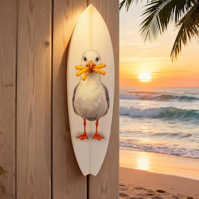 JennyGems Funny Seagull Surfboard Wall Art – Coastal Beach Decor, Seagull with Fries, Outdoor PVC Surfboard Sign, 2 Foot