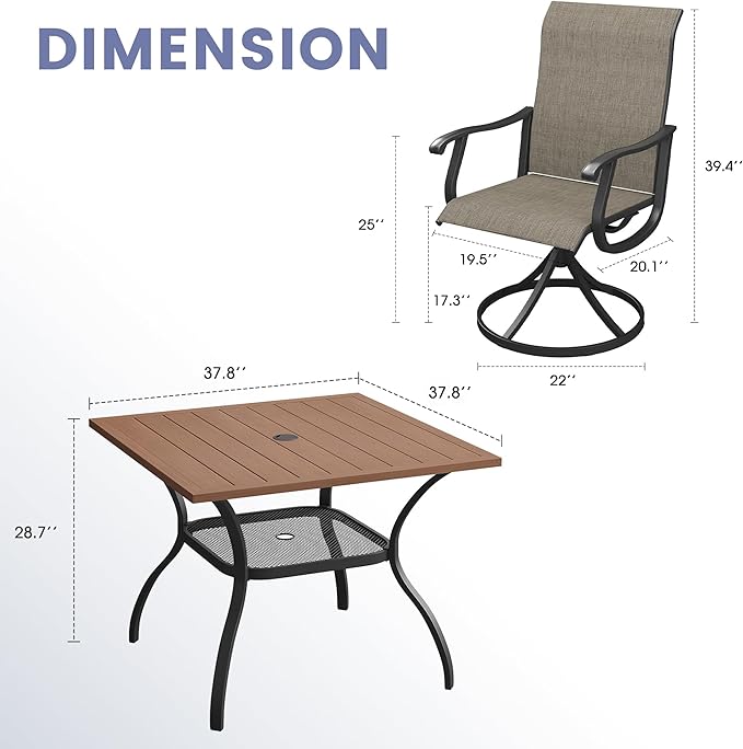 VICLLAX 5 Pieces Outdoor Dining Set, Patio Furniture Set of 4 Patio Swivel Dining Chairs and Square Patio Table with Storage Shelf, Mixed Brown Chairs & Walnut Tabletop