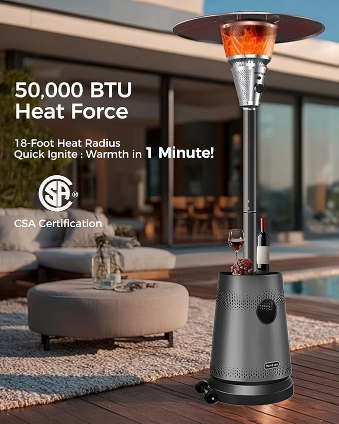 50,000 BTU Patio Heater for Outdoor Use, Portable Propane Patio Heater with Wheels, Stainless Steel Burner for Porch Deck Garden (Basic Grey)
