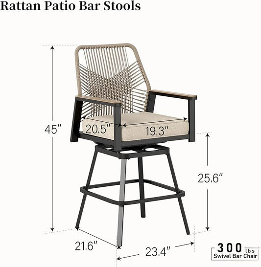 Outdoor Swivel Bar Stools Set of 6, Rattan High Top Patio Chairs with Waterproof Cushion and Armrest, All-Weather Bar Height Furniture for Outside Patio Balcony and Pool, Beige