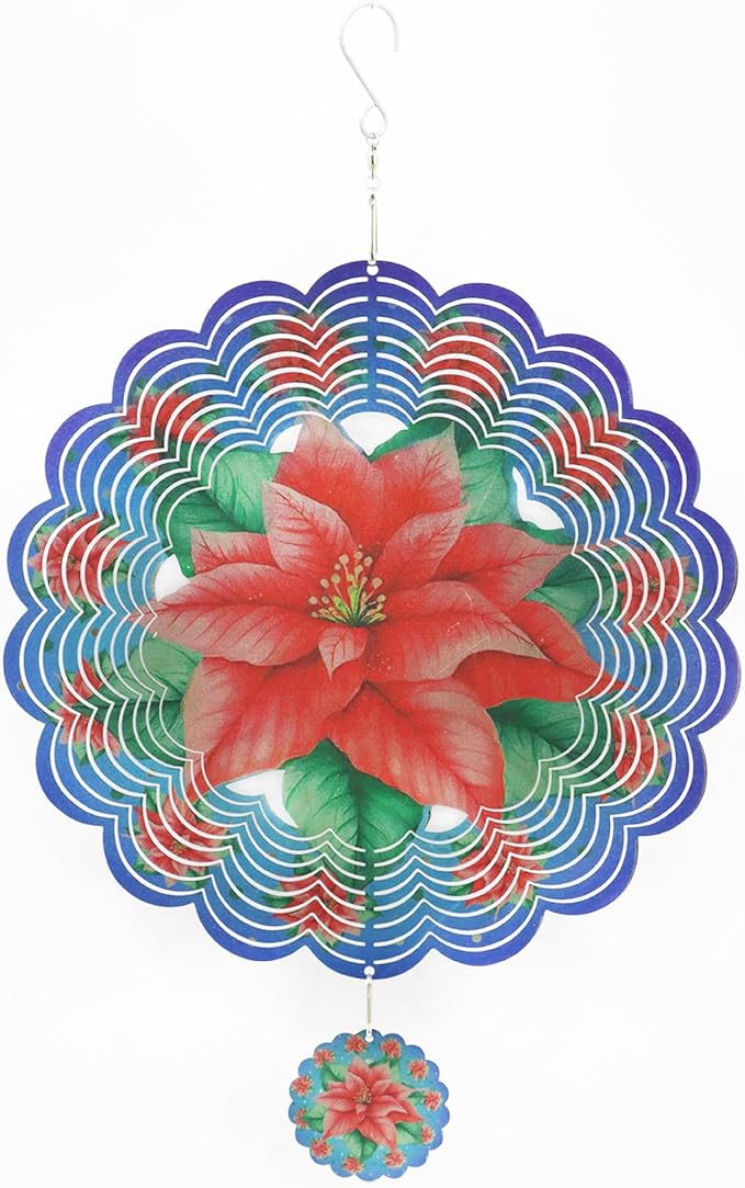 Wind Spinners Outdoor Christmas Poinsettia - Birthday Gifts for Women Mom Grandma, Hanging Wind Sculptures 12 inch 3D Wind Spinner for Garden Decor for Outside, Garden, Patio, Yard, Outdoor(Red