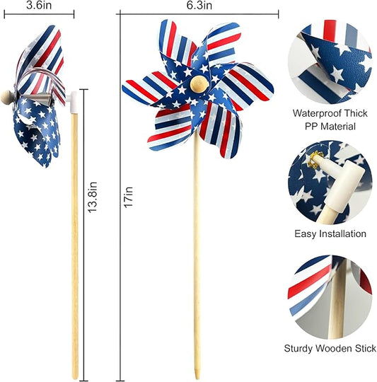 IiILittle 12 Pack Patriotic Pinwheels, No Assembly Required, American Flag Pinwheels, Wind Spinners for Yard for 4th of July Decor, Memorial Day Decor, Patriotic Outdoor Decor
