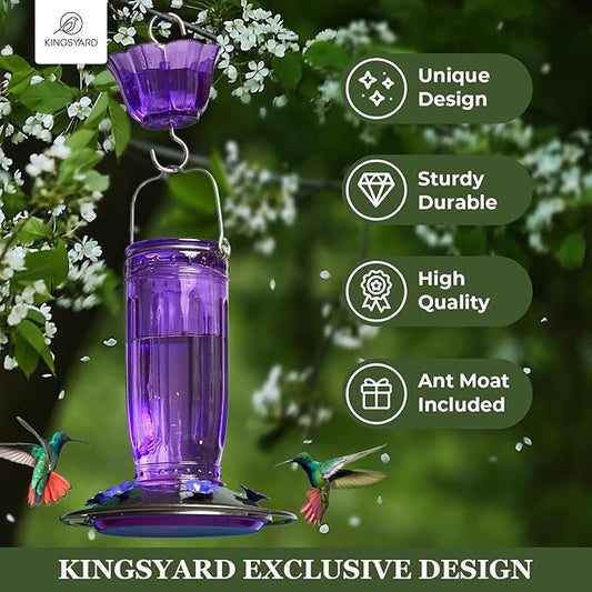 Kingsyard Glass Hummingbird Feeder for Outdoors Wild Bird Feeder with 6 Feeding Ports Hanging for Garden Yard, Purple (Ant Moat Included)