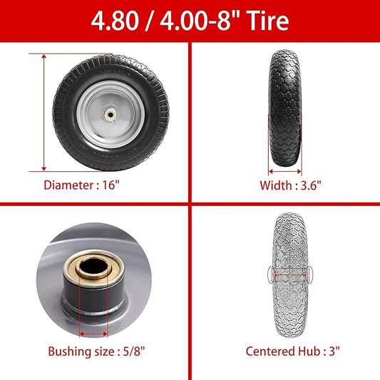 16" Flat Free Wheelbarrow Tires,4.80/4.00-8"Flat-Free Solid Tire with 3" Centered Hub,5/8" & 3/4" Bearing For Wheel Barrow Garden Utility Cart Lawn Mover Replacemen(2 Pack)