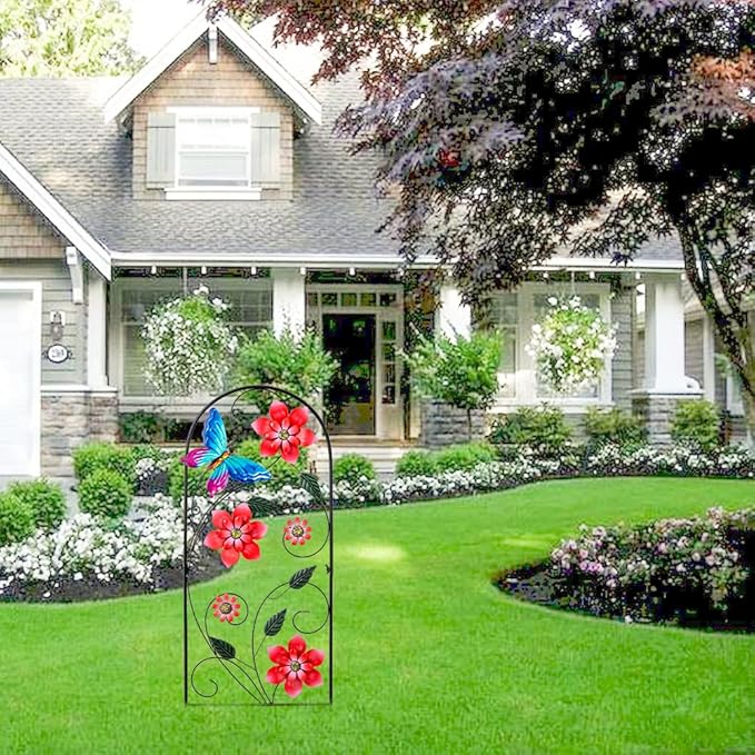 YEAHOME 34inch Decorative Garden Stakes, Outdoor Garden Decor Metal Flower Butterflies Spring Gardening Decor Art Yard Signs, Outdoor Decorations for Patio Outside Yard Lawn