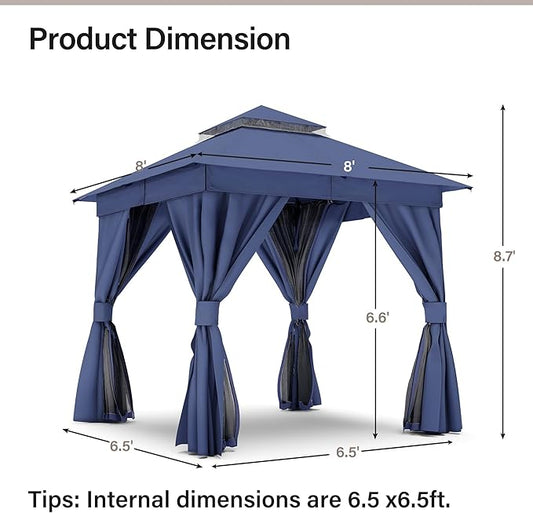 LAUSAINT HOME Outdoor Patio Gazebo 8'x8' with Expansion Bolts, Heavy Duty Gazebos Shelter Party Tent with Double Roofs, Mosquito Nettings and Privacy Screens for Backyard, Garden, Lawn, Navy Blue