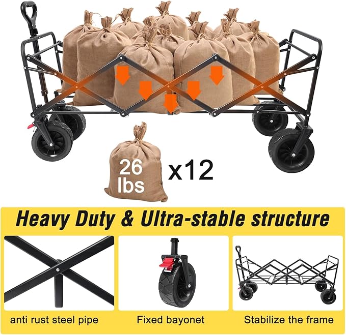 Beach Cart Large Capacity, Heavy Duty Folding Wagon Portable, Collapsible Wagon for Sports, Shopping, Camping Collapsible Foldable cart(440 LBS Capacity)