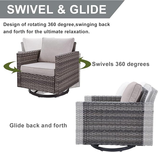 HUMMUH 7 Piece Patio Furniture with Fire Pit 30in 55,000 BTU,PE Wicker Outdoor Conversation Sets - Couch,Patio Swivel Chairs and Ottomans,Side Table for Porch,Garden,Backyard