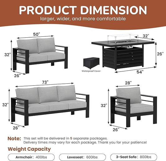Solaste Aluminum Patio Furniture Set with Fire Pit Table, 5 Piece Metal Outdoor Furniture with Water-Resistant Cushions, Modern Patio Conversation Set for Balcony, Front Porch, and Backyard, Black