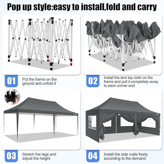 COBIZI 10x20 Pop Up Canopy with 6 Sidewall, Commercial Canopy UPF 50+ Waterproof Outdoor Gazebo with Carry Bag, Tents for Parties with Upgrade Frame, 3 Height Adjustable, Gray