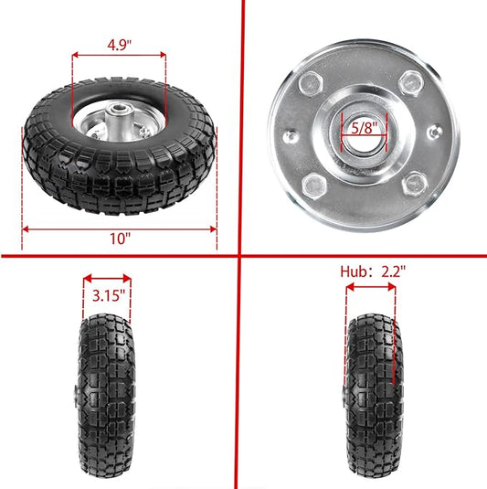 4.10/3.50-4 Tire Wheels Flat Free 10" Heavy Duty Solid Flat-Free Replacement Tire with 5/8 Axle Compatible with Gorilla Carts, Wheelbarrow, Dolly, Hand Truck (2-Pack)