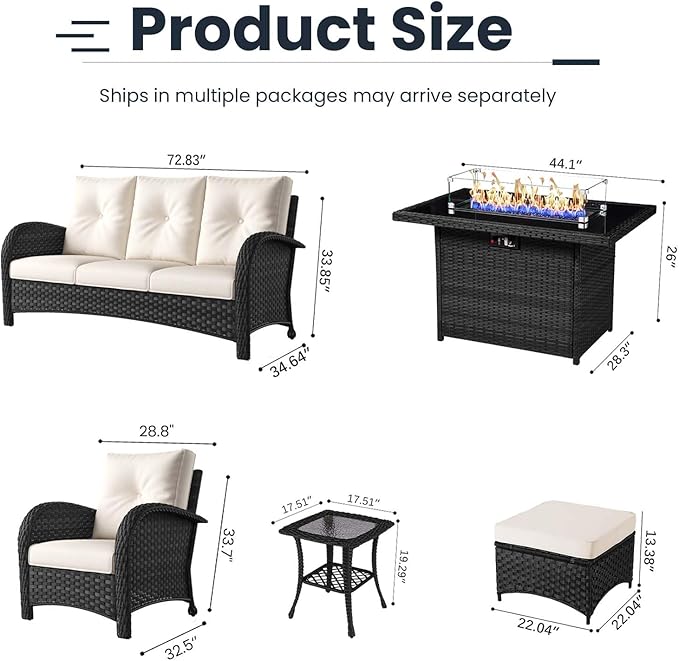 7 Pieces Patio Furniture Sets with Fire Pit Table, Wicker Rattan High Back Outdoor Armchairs Set with 3-Seat Couch, Ottomans and Side Table