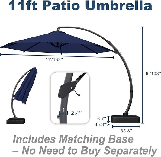 11FT Cantilever Umbrella with Base Large Curvy Outdoor Aluminum Offset Umbrella w/ 360° Rotation, UV Resistant Canopy for Patio, Garden, Backyard, Navy Blue