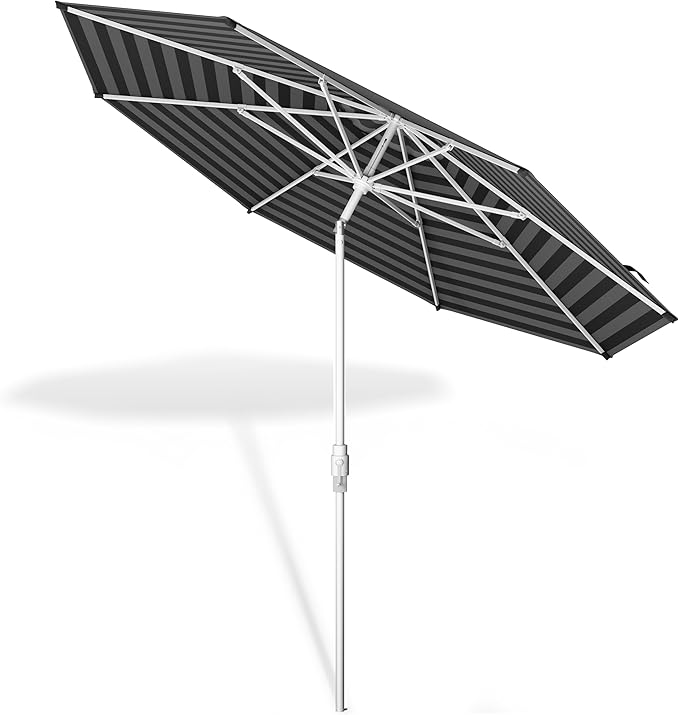 Midtown Umbrellas The Swilt 8 Feet Patio Umbrella in Sunbrella Black & White Acrylic Fabric - Fiberglass Ribs, Auto-Tilt Aluminum Frame For Backyard, Deck, Garden, Pool - White Pole
