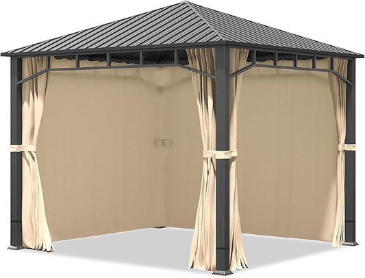 TOOLPORT Hardtop Gazebo 10x10 ft with Steel Roof - 4 Side Panels in Champagne - Approx. 3.54x3.54 in Aluminium Poles
