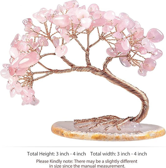 TUMBEELLUWA Reiki Crystal Money Tree with Agate Slice Base Feng Shui Stone Bonsai Tree Figure Decor for Happiness Good Luck and Wealth, Rose Quartz