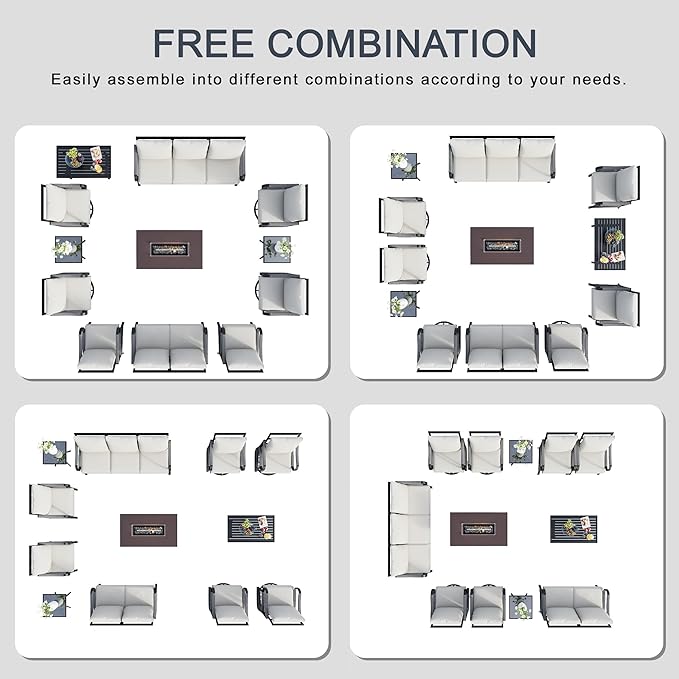 12 Pieces Outdoor Patio Conversation Sets with All Weather Cushions, Metal 3-Seater, 4 Swivel Rockers, 2 Single Chairs, 1 Loveseat, 2 Side Tables, 1 Coffee Table, 1 Fire Pit Table for Backyard, Beige