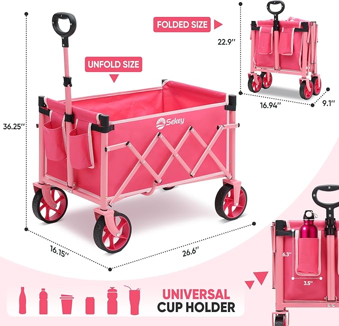 Heavy Duty Wagon with Big Wheels, Foldable Cart with 220LBS Capacity, Utility Lightweight Wagon, Collapsible Grocery Shopping Cart for Camping Sports & Holiday. Pink
