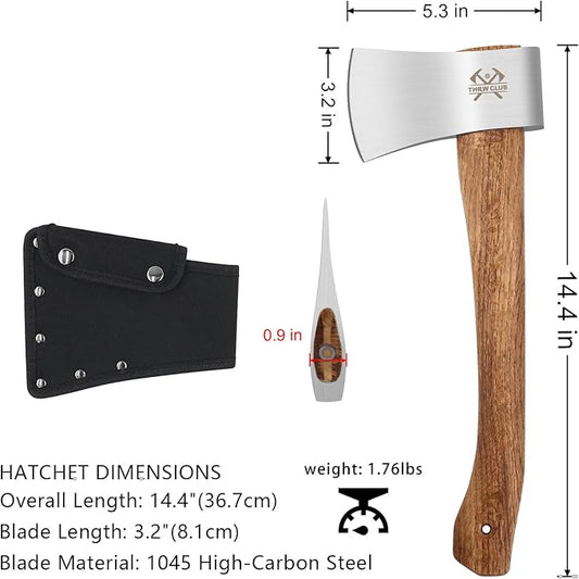 Camping Hatchet, 14.4" Survival Throwing Axe with Sheath, Survival Hatchet with Ergonomic Wood Handle for Camping, Chopping and Hiking