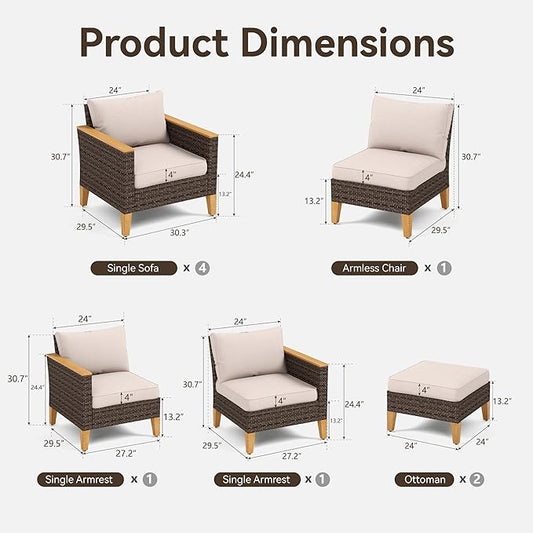 GREEN PARTY 9 Pieces Wicker Patio Furniture Set, All-Weather Outdoor Rattan Patio Sectional Sofa Conversation Set with 4" Thick Cushions for Garden, Backyard, 2 x Ottomans