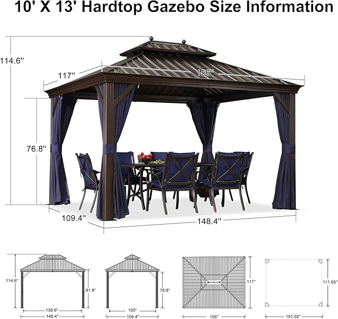 PURPLE LEAF Hardtop Gazebo 10' X 13' Galvanized Steel Roof with Netting and Curtains Backyard Deck Garden Canopy Aluminum Frame Permanent Outdoor Pavilion