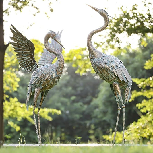 TERESA'S COLLECTIONS Garden Decor, Set of 2 Cranes Garden Decor, 33-39", Elegant Cranes with Golden Painting, Waterproof Metal Garden Statue, Herons Gifts Birthday Gifts for Women Mom