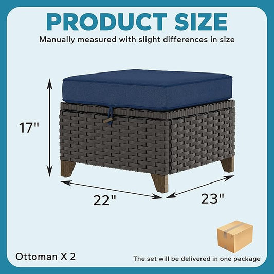 2 Pieces Patio Outdoor Ottomans with Removable and Washable Covers,PE Rattan Wicker Footstools for Porch, Garden, Sunroom (Navy Blue)