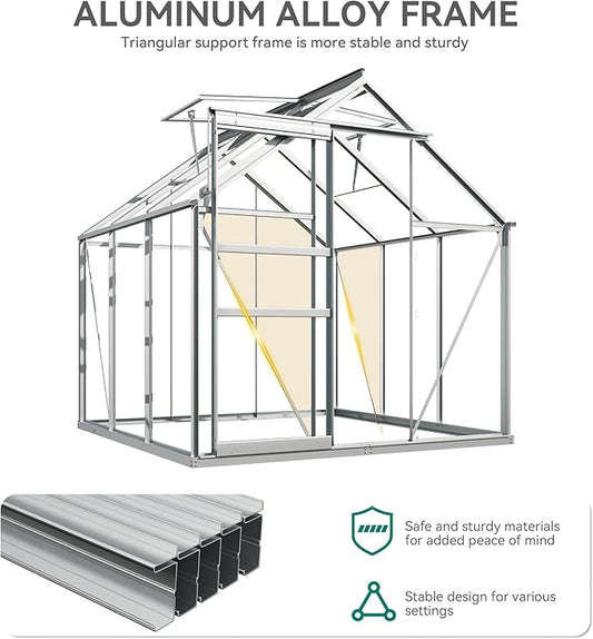 YITAHOME 6x6FT Polycarbonate Greenhouse Heavy Duty Green Houses Outdoor Greenhouses Aluminum Sliding Doors Vent Window Large Sun House for Garden Backyard, Silver