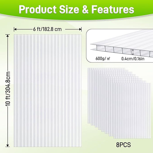 8PCS 10' x 6' x 0.16'' Polycarbonate Greenhouse Panels Sheets, Twin-Wall Roof Panels, Waterproof UV Protected Corrugated Plastic Roof Panels Sheets, Clear Replacement Panels for Greenhouse