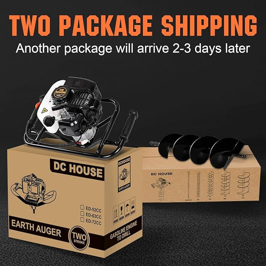 DC HOUSE 52cc 1800W Gas Powered Earth Auger EPA Certified Post Hole Digger, with 4 Drill Bits 4" 6" 8" 12" and 3 Extension Rods 8" 12" 20", Mixing Ratio 30:1, for Fence, Farmland and Garden
