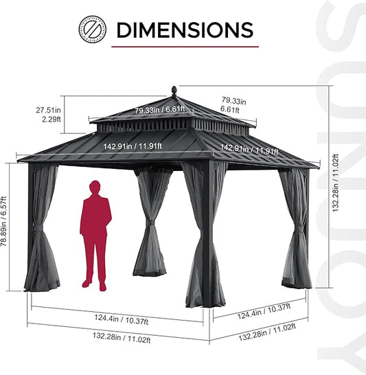 SUNJOY Kingston 12' x 12' Hardtop Gazebo with Galvanized Steel Double Roof, Curtain and Netting, Gray Aluminum Posts Permanent Pavilion Gazebo for Garden, Patio, Deck, Lawn