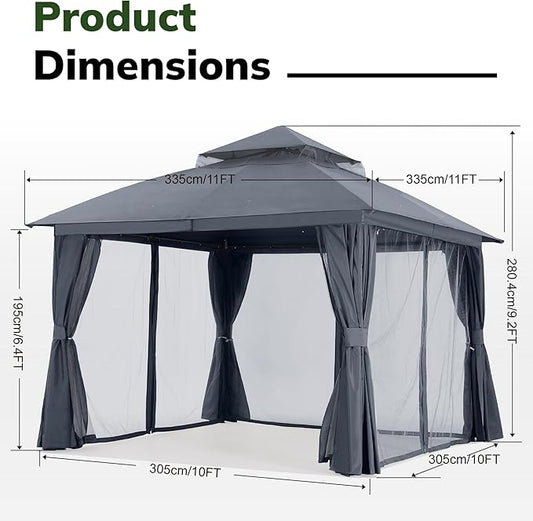MASTERCANOPY 11'x11' Outdoor Patio Arch Gazebo with Double Roofs, Mosquito Nettings and Privacy Screens for Backyard, Garden, Lawn, Dark Grey