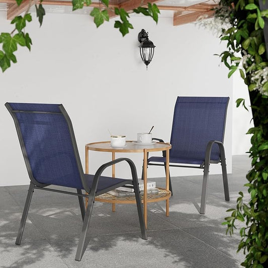 Patio Dining Chairs Set of 2, Stackable Dining Chairs High Back, Breathable Seat Fabric and Alloy Steel Frame Fit Backyard, Porch, Lawn,Poolside (Blue)